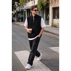 SHUNP Mens Sleeveless Sweater Vest Black Cable Knit Zip Up Mock Neck L
